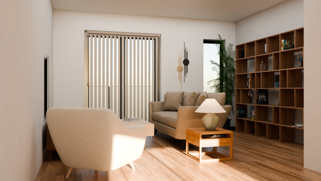 An elegantly furnished living room. This is a render created by Alberta Digital Services.