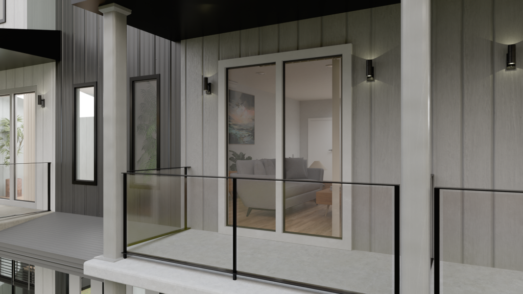 A view from outside a balcony, looking into an apartment. Rendered by Alberta Digital Services.