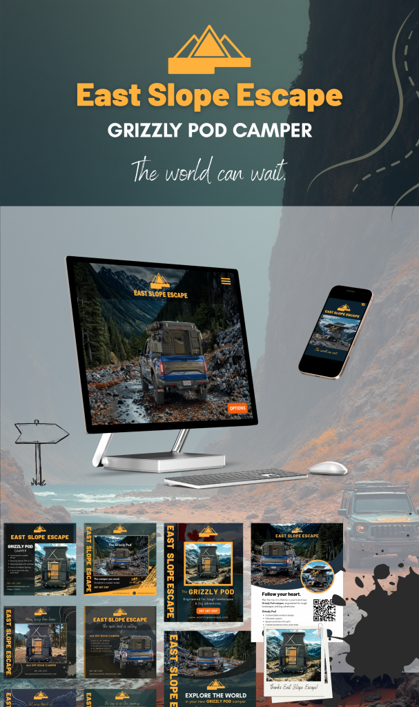 A poster with a computer, phone and a bunch of ads that A.D.S. produced for a client.